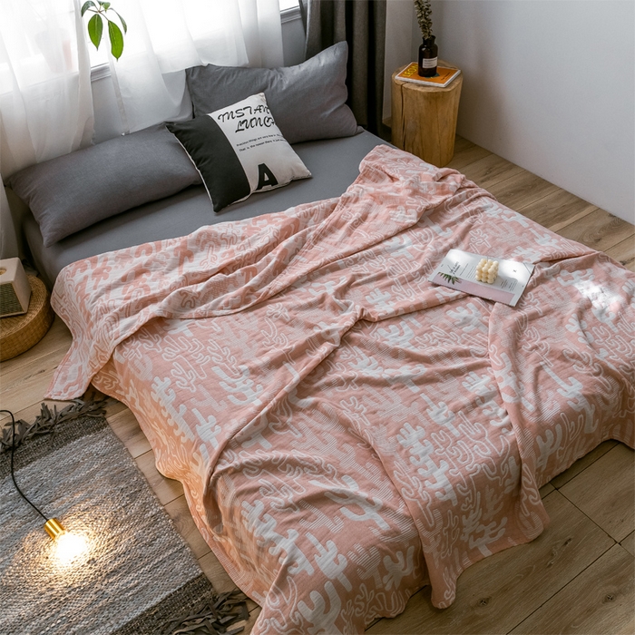 91家纺网 家纺一手货源 找家纺 朴尔家纺-毛巾被 2024新款三层水洗棉全棉纱布毛巾被 仙人掌-粉