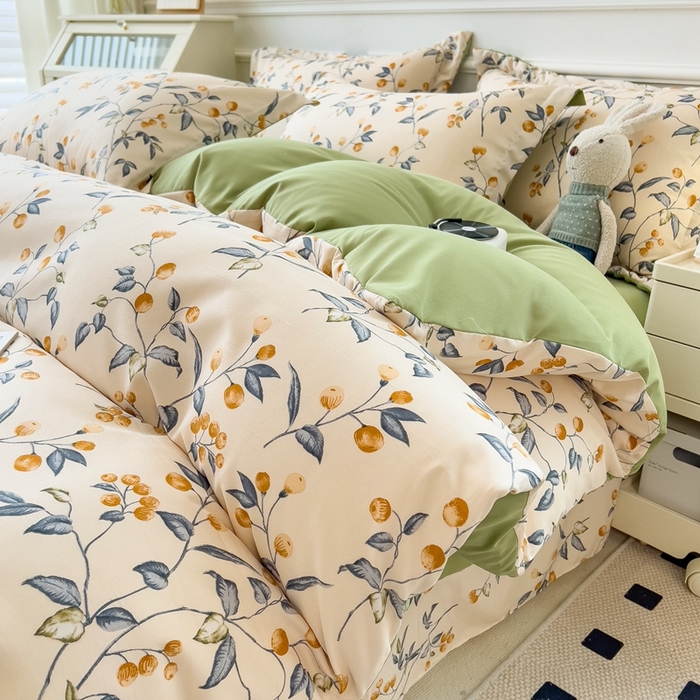 91家纺网 家纺一手货源 找家纺 宝士康家纺 2024新款水洗棉麻双层纱四件套系列  金桔