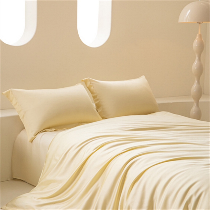 91家纺网 家纺一手货源 找家纺 涵宸 2024新款兰精天丝棉纯色四件套 四件套-雪梨+象牙白