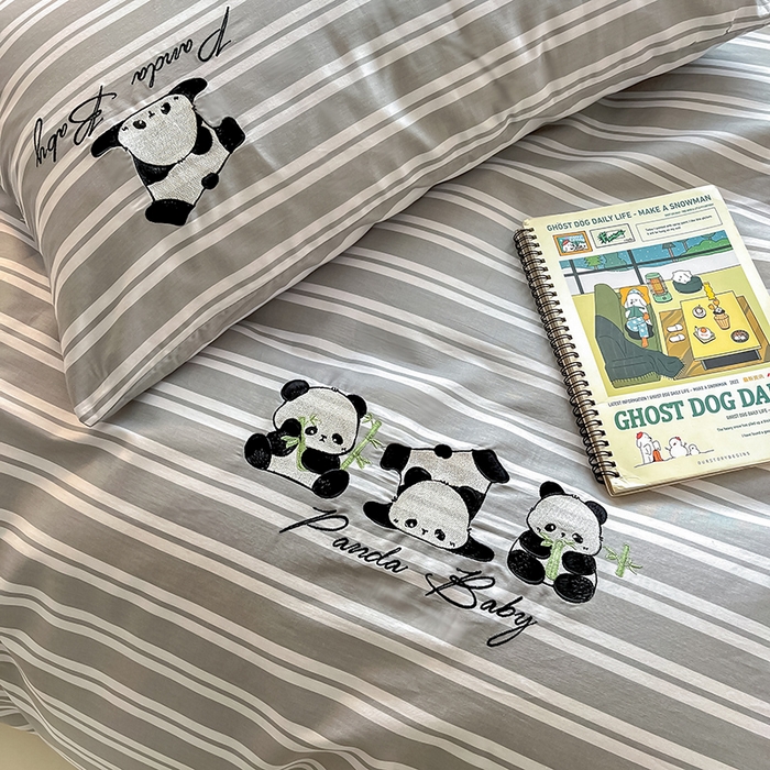 91家纺网 家纺一手货源 找家纺 2024蜜柚新品直播电商全棉13372ins博主风刺绣四件套 条纹熊猫