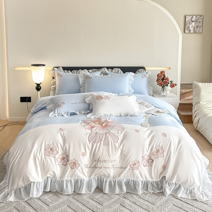 绒世界 2024新款艾芙妮全棉蕾丝花边刺绣床单床笠四件套礼盒包装 风铃蓝