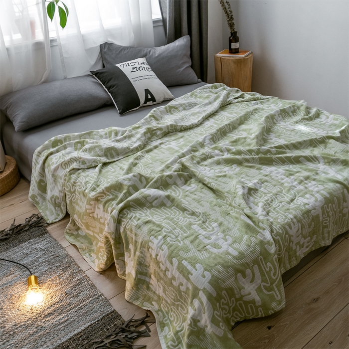 91家纺网 家纺一手货源 找家纺 朴尔家纺-毛巾被 2024新款三层水洗棉全棉纱布毛巾被 仙人掌-绿