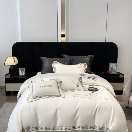 91家纺网 家纺一手货源 找家纺 若未家居 2025新款长绒棉高精密刺绣款百万针工艺套件 千鸟格刺绣-锦簇 贵族白