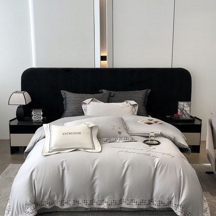 91家纺网 家纺一手货源 找家纺 若未家居 2025新款长绒棉高精密刺绣款百万针工艺套件 千鸟格刺绣-锦簇 时尚灰