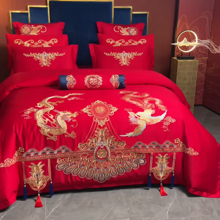 91家纺网 家纺一手货源 找家纺 慕她家纺 2025新款慕她婚庆四件套全棉纯棉结婚刺绣花多件套六八十床品 龙翔凤舞