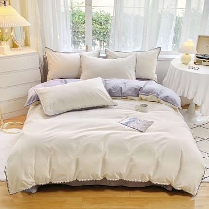 91家纺网 家纺一手货源 找家纺 （总）莱茵2024新款A类全棉纯棉40s色织水洗棉条纹贝壳边日系四件套