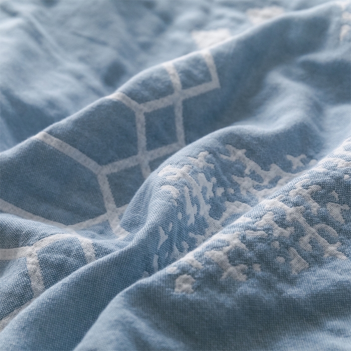 91家纺网 家纺一手货源 找家纺 朴尔家纺-毛巾被 2024新款三层水洗棉全棉纱布毛巾被 印第安-冰蓝