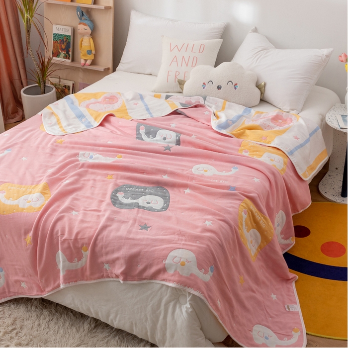 91家纺网 家纺一手货源 找家纺 朴尔家纺-毛巾被 2024新款卡漫风格全棉六层纱毛巾被 长鼻象-粉