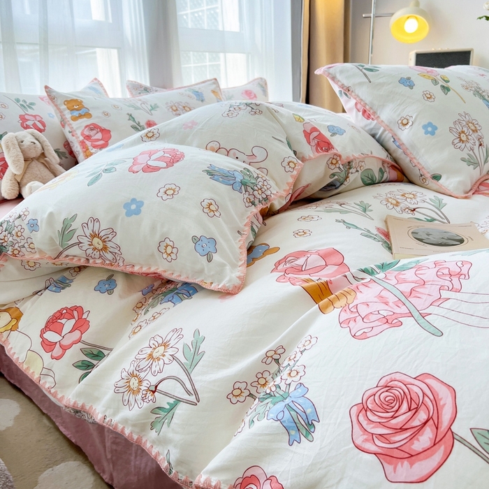 91家纺网 家纺一手货源 找家纺 洁柔供应链 2024新款印花水洗双层纱贝壳绣四件套    直播爆款 玫瑰花