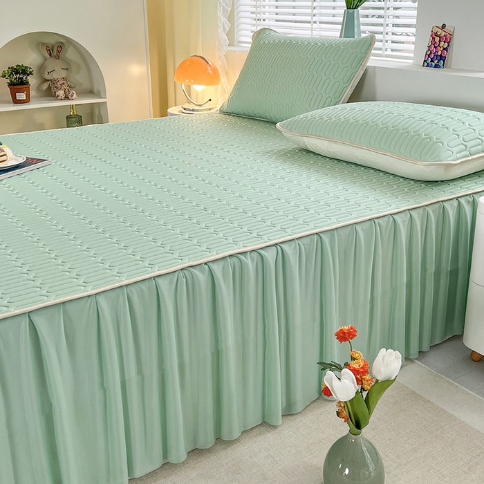 91家纺网 家纺一手货源 找家纺 （总）爱洛 2024新款纯色床裙款乳胶凉席三件套凉感丝乳胶席