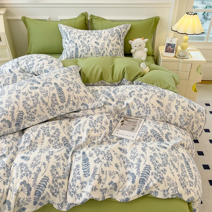 91家纺网 家纺一手货源 找家纺 宝士康家纺 2024新款水洗棉麻双层纱四件套系列  含羞草