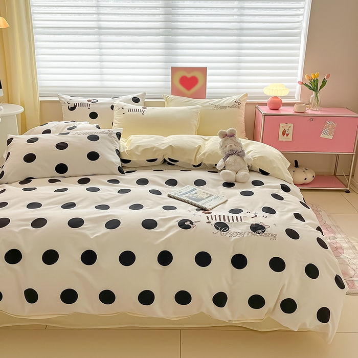 91家纺网 家纺一手货源 找家纺 2024蜜柚新品直播电商全棉13372ins博主风刺绣四件套 波点狗狗