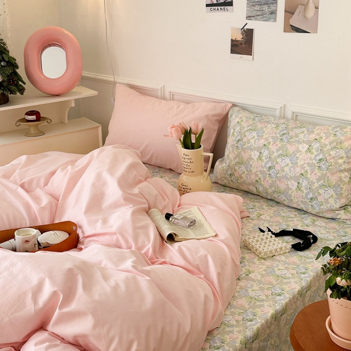 91家纺网 家纺一手货源 找家纺 昔可家纺 2024新款韩式混搭系列四件套 粉色布蕾