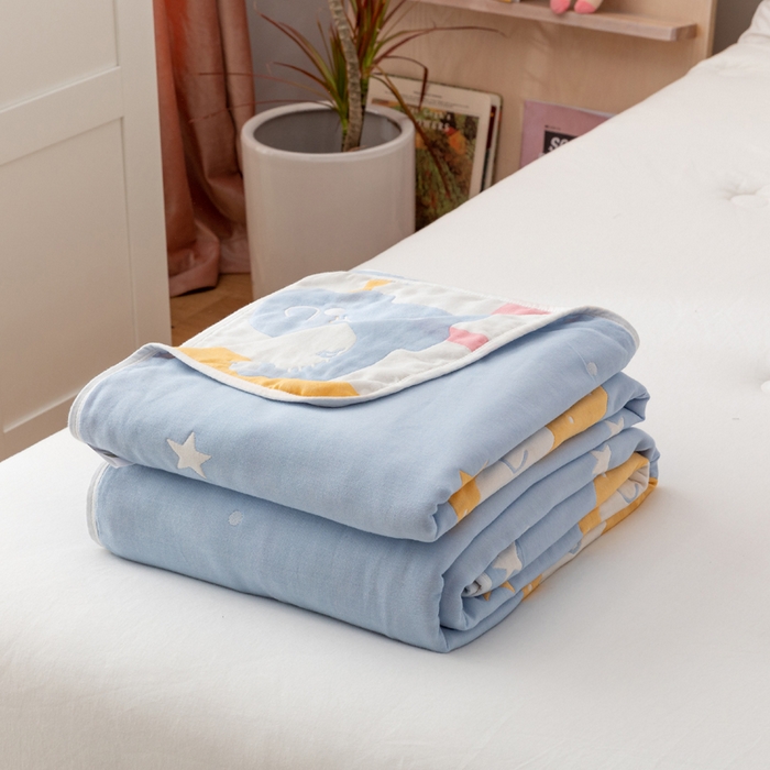 91家纺网 家纺一手货源 找家纺 朴尔家纺-毛巾被 2024新款卡漫风格全棉六层纱毛巾被 长鼻象-兰