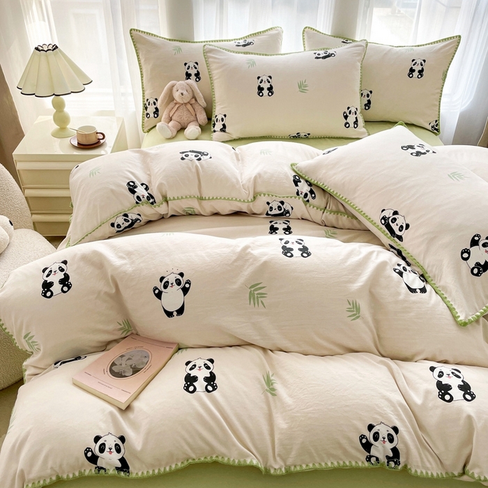 91家纺网 家纺一手货源 找家纺 洁柔供应链 2024新款印花水洗双层纱贝壳绣四件套    直播爆款 大熊猫