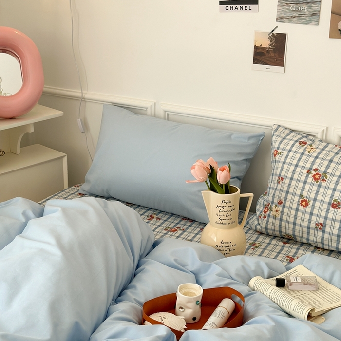 91家纺网 家纺一手货源 找家纺 昔可家纺 2024新款韩式混搭系列四件套 中古奶蓝