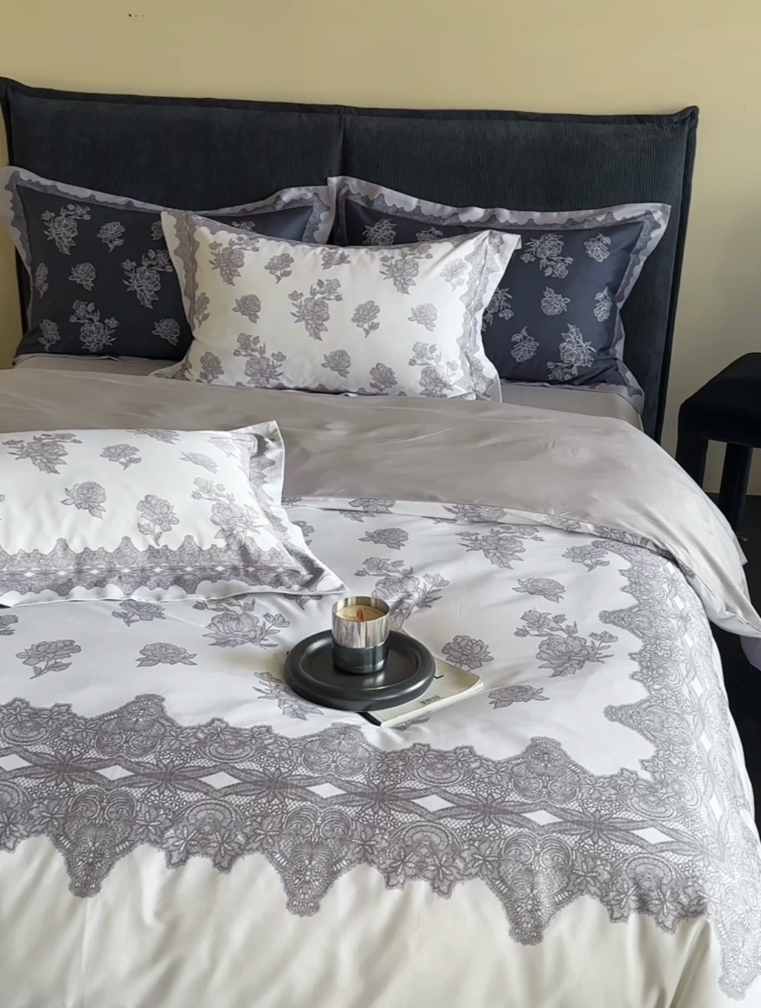 91家纺网 家纺一手货源 找家纺 鹿班家居 2024新款100支长绒棉数码印花四件套-暗影玫瑰 暗影玫瑰-白