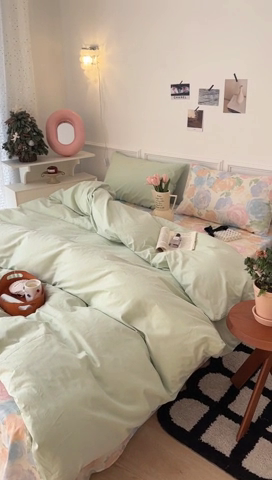 91家纺网 家纺一手货源 找家纺 昔可家纺 2024新款韩式混搭系列四件套 油画绿