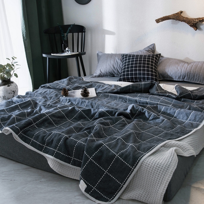 91家纺网 家纺一手货源 找家纺 朴尔2024经典六层纱布全棉毛巾被系列-朴尔经典款常年备货 时尚虚线-藏青