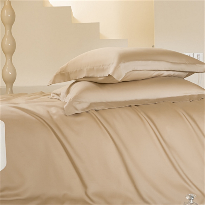 91家纺网 家纺一手货源 找家纺 涵宸 2024新款兰精天丝棉纯色四件套 四件套-奶茶杏+象牙白