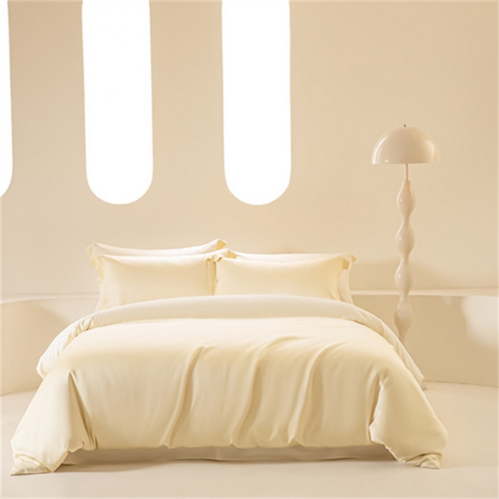 91家纺网 家纺一手货源 找家纺 涵宸 2024新款兰精天丝棉纯色四件套 四件套-雪梨+象牙白