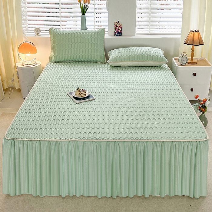 91家纺网 家纺一手货源 找家纺 （总）爱洛 2024新款纯色床裙款乳胶凉席三件套凉感丝乳胶席