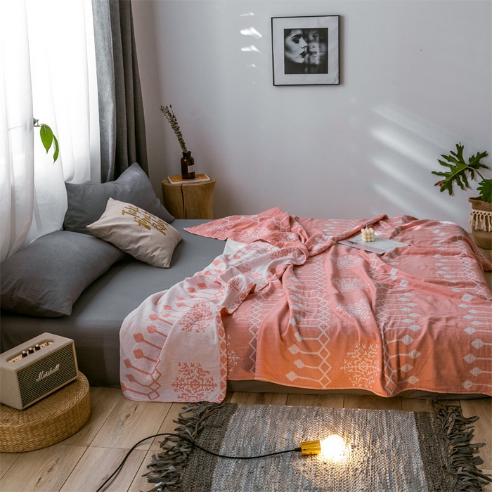 91家纺网 家纺一手货源 找家纺 朴尔家纺-毛巾被 2024新款三层水洗棉全棉纱布毛巾被 印第安-粉