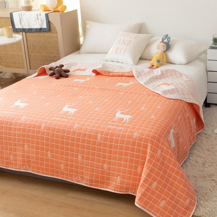 91家纺网 家纺一手货源 找家纺 朴尔家纺-毛巾被 2024年新款卡通系全棉六层纱毛巾被-朴尔经典款常年备货 麋鹿森林-橘