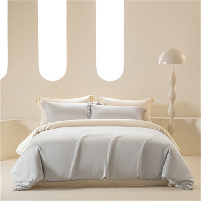 91家纺网 家纺一手货源 找家纺 涵宸 2024新款兰精天丝棉纯色四件套 四件套-时尚灰+象牙白