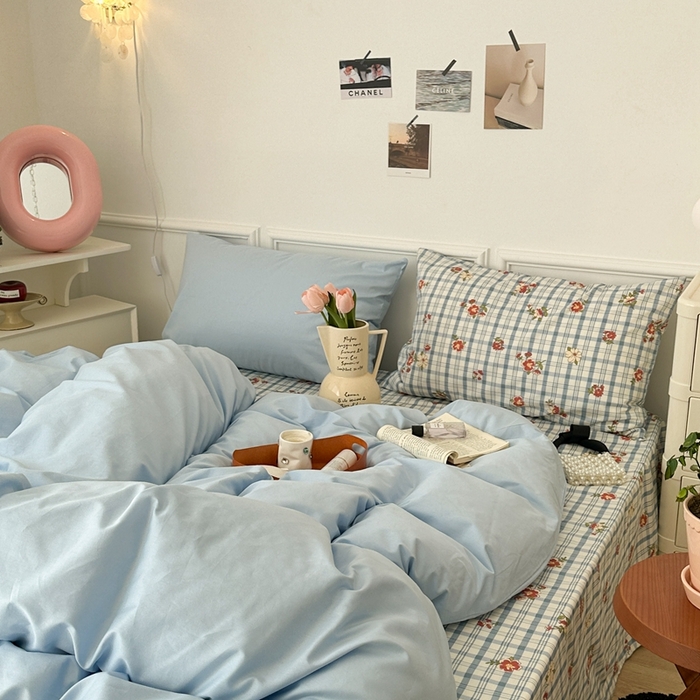 91家纺网 家纺一手货源 找家纺 昔可家纺 2024新款韩式混搭系列四件套 中古奶蓝