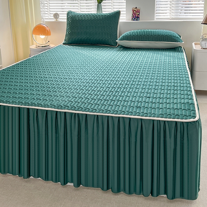 91家纺网 家纺一手货源 找家纺 爱洛 2024新款纯色床裙款乳胶凉席三件套凉感丝乳胶席 墨绿