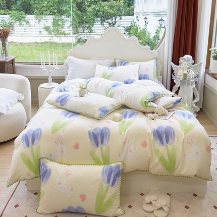 91家纺网 家纺一手货源 找家纺 （总）洁柔供应链 2024新款印花水洗双层纱贝壳绣四件套    直播爆款