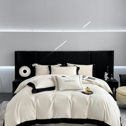 若未家居 2025新款50S长绒棉纯色撞色简约拼角款套件-洛斐 奶昔白