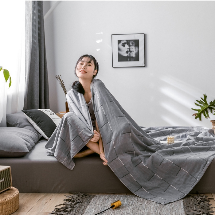91家纺网 家纺一手货源 找家纺 朴尔家纺-毛巾被 2024新款三层水洗棉全棉纱布毛巾被 简约线条-灰