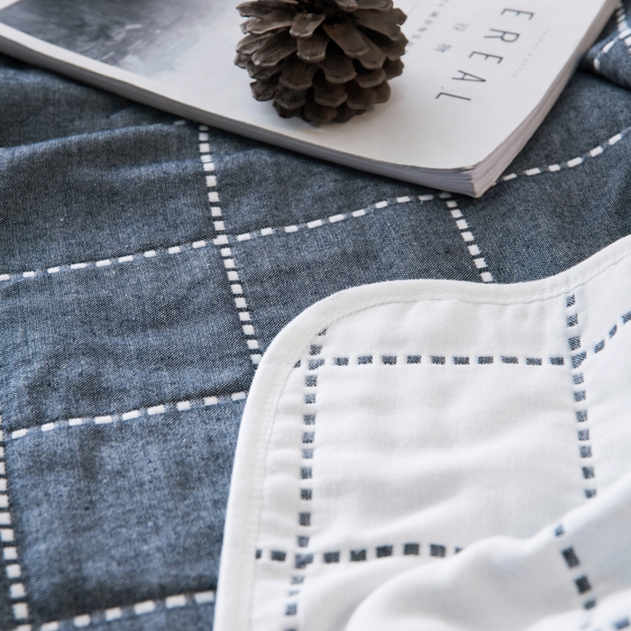 91家纺网 家纺一手货源 找家纺 朴尔2024经典六层纱布全棉毛巾被系列-朴尔经典款常年备货 时尚虚线-藏青