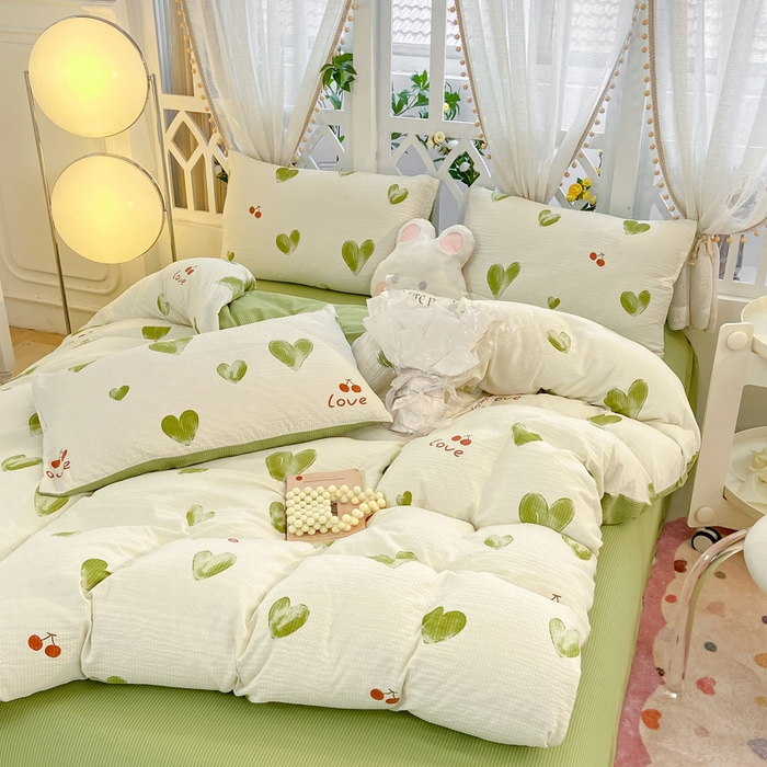 91家纺网 家纺一手货源 找家纺 牛牛家纺 牛牛  2024新款泡泡棉小清新四件套(1) 绿色爱心