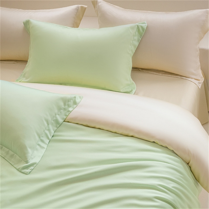 91家纺网 家纺一手货源 找家纺 涵宸 2024新款兰精天丝棉纯色四件套 四件套-柠檬绿+象牙白