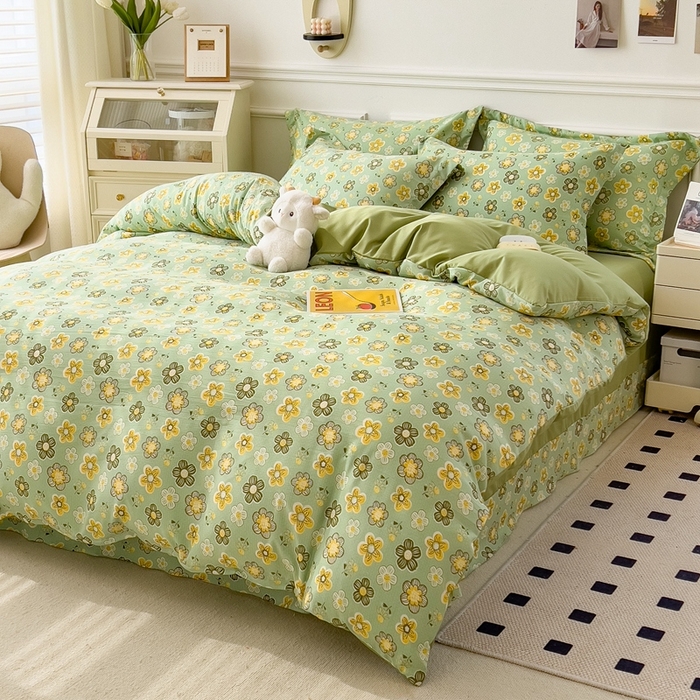 91家纺网 家纺一手货源 找家纺 宝士康家纺 2024新款水洗棉麻双层纱四件套系列  花开半夏