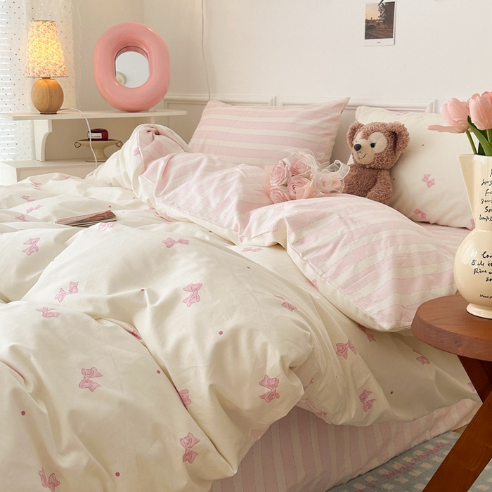 91家纺网 家纺一手货源 找家纺 昔可家纺 2024心动蝴蝶结系列四件套 点点粉蝴蝶结