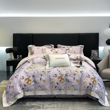 若未家居 2025新款50S复古风花卉数码印花撞色双拼角宽边款四件套 紫灰