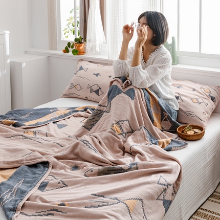 91家纺网 家纺一手货源 找家纺 朴尔家纺-毛巾被 2024热销波西米亚风四层全棉毛巾被-朴尔经典款常年备货 鱼图腾-咖