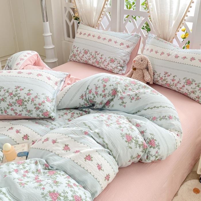 91家纺网 家纺一手货源 找家纺 牛牛家纺 牛牛  2024新款泡泡棉小清新四件套(1) 野玫瑰