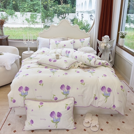 91家纺网 家纺一手货源 找家纺 （总）洁柔供应链 2024新款印花水洗双层纱贝壳绣四件套    直播爆款