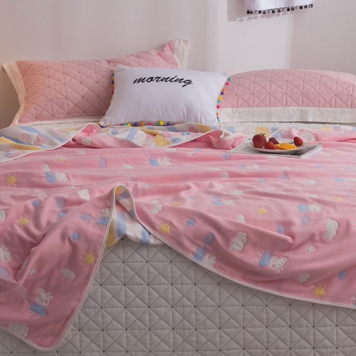 91家纺网 家纺一手货源 找家纺 朴尔 2024全尺寸经典六层纱布全棉毛巾被系列-朴尔经典款常年备货 小猪琪琪-粉