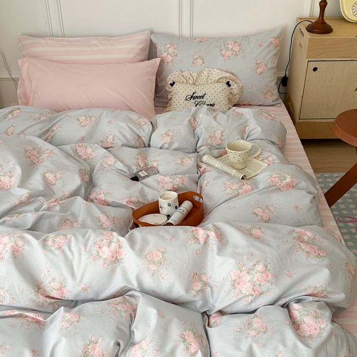 91家纺网 家纺一手货源 找家纺 昔可家纺 2024韩式碎花四件套 复古粉玫瑰