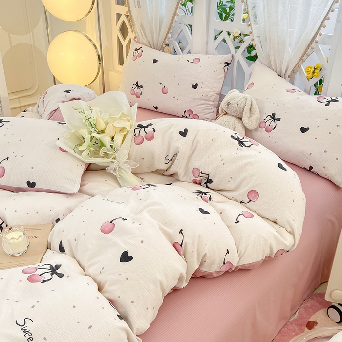 91家纺网 家纺一手货源 找家纺 牛牛家纺 牛牛  2024新款泡泡棉小清新四件套(1) 浪漫樱桃
