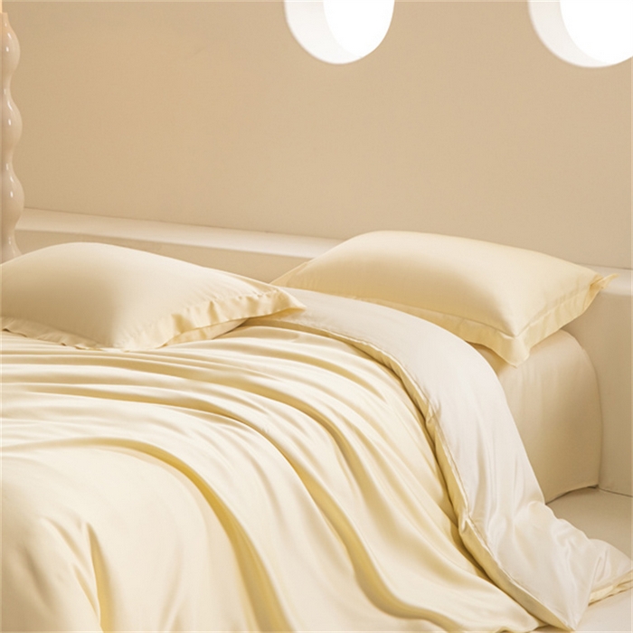 91家纺网 家纺一手货源 找家纺 涵宸 2024新款兰精天丝棉纯色四件套 四件套-雪梨+象牙白