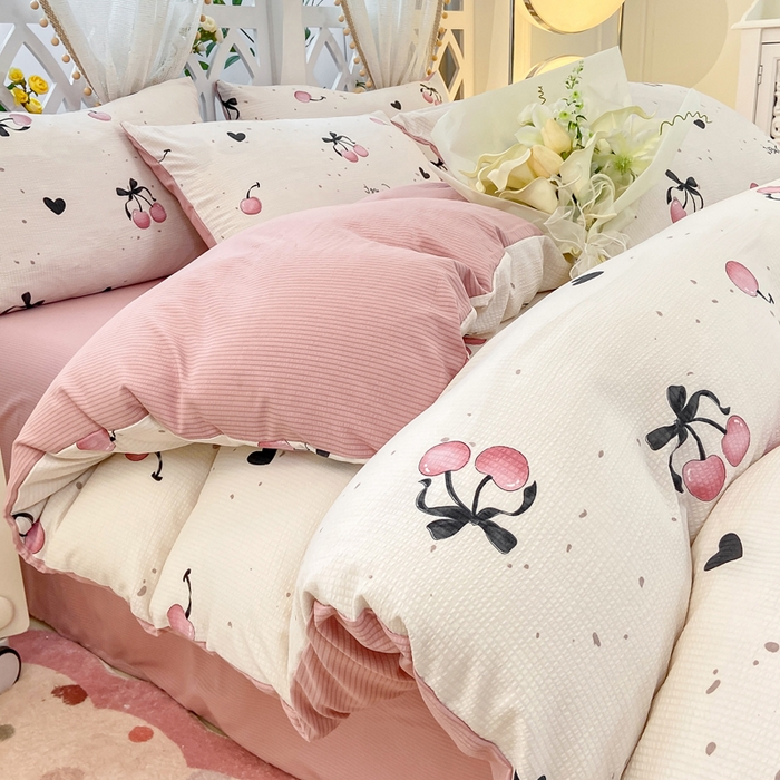 91家纺网 家纺一手货源 找家纺 牛牛家纺 牛牛  2024新款泡泡棉小清新四件套(1) 浪漫樱桃