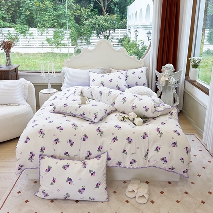 91家纺网 家纺一手货源 找家纺 （总）洁柔供应链 2024新款印花水洗双层纱贝壳绣四件套    直播爆款