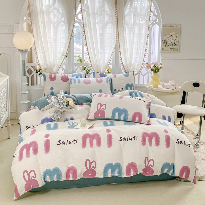 91家纺网 家纺一手货源 找家纺 牛牛家纺 牛牛  2024新款泡泡棉小清新四件套(1) 七彩兔